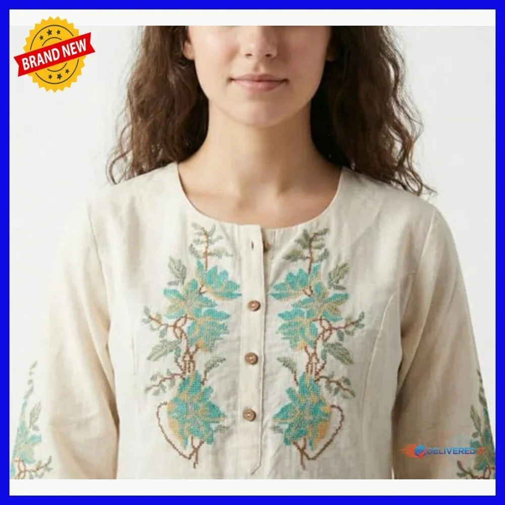 Large Cotton Kurta Pants Set 2-Piece Ethnic Formal Wear Embroidered